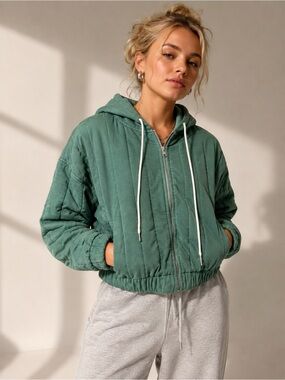 Urban Outfitters Green Quilted Cropped Oversized Hoodie